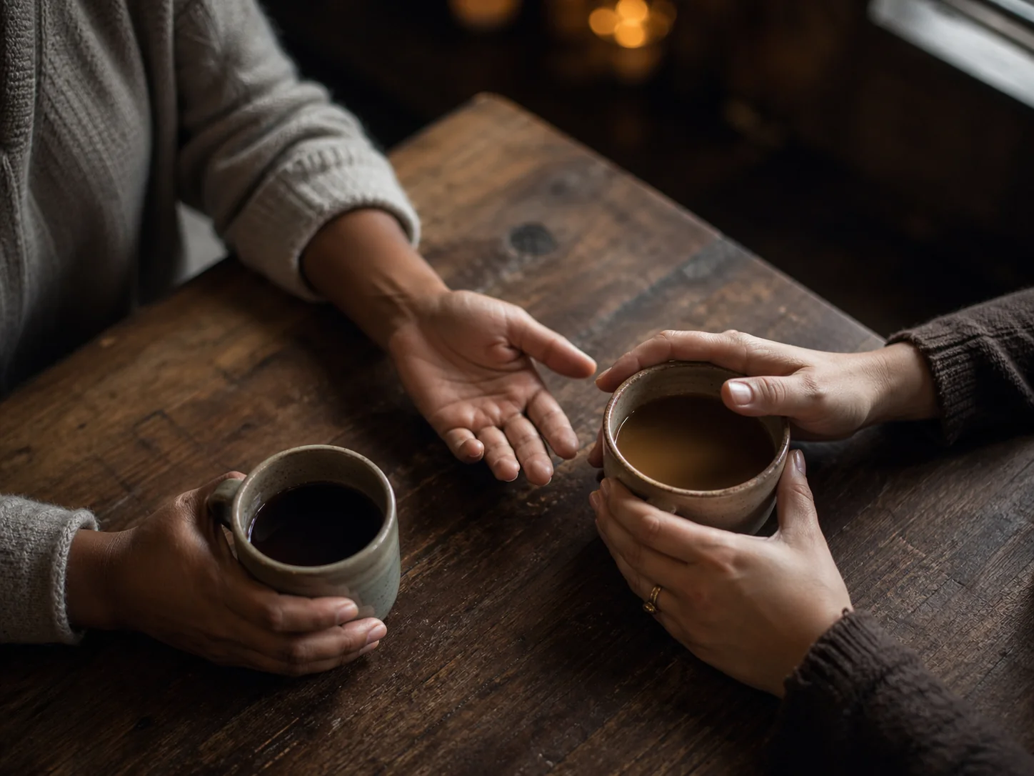Two hands reaching across table with coffee