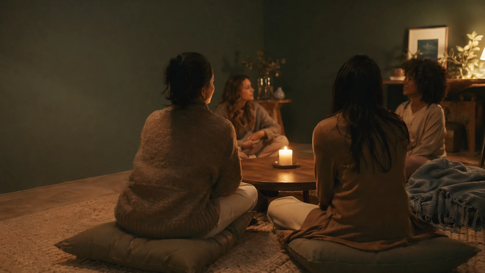 Women in candlelit circle on cushions