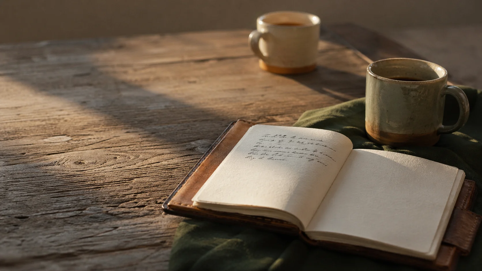 Open journal on wooden table with mugs