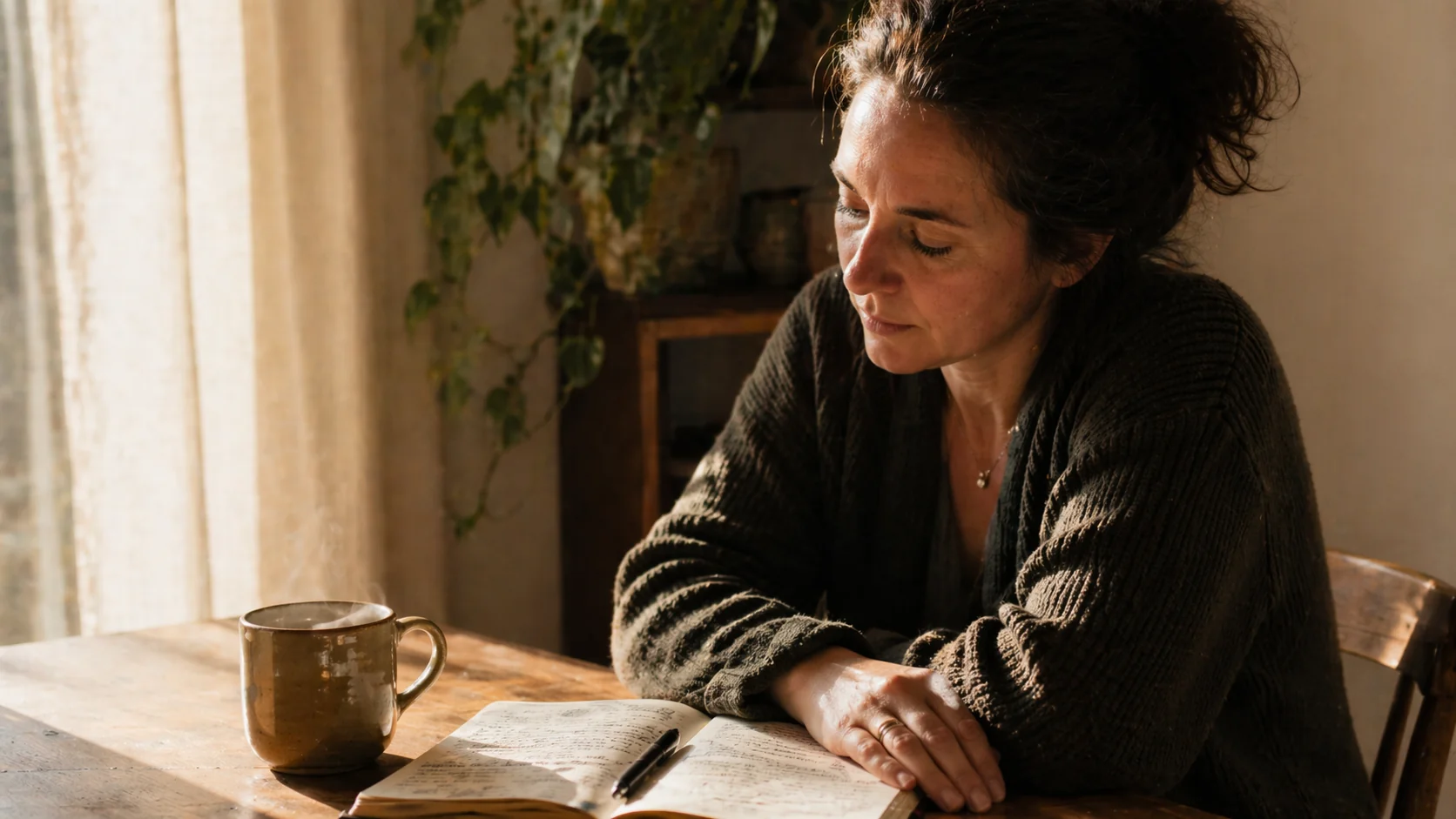 Woman reading journal with steaming mug