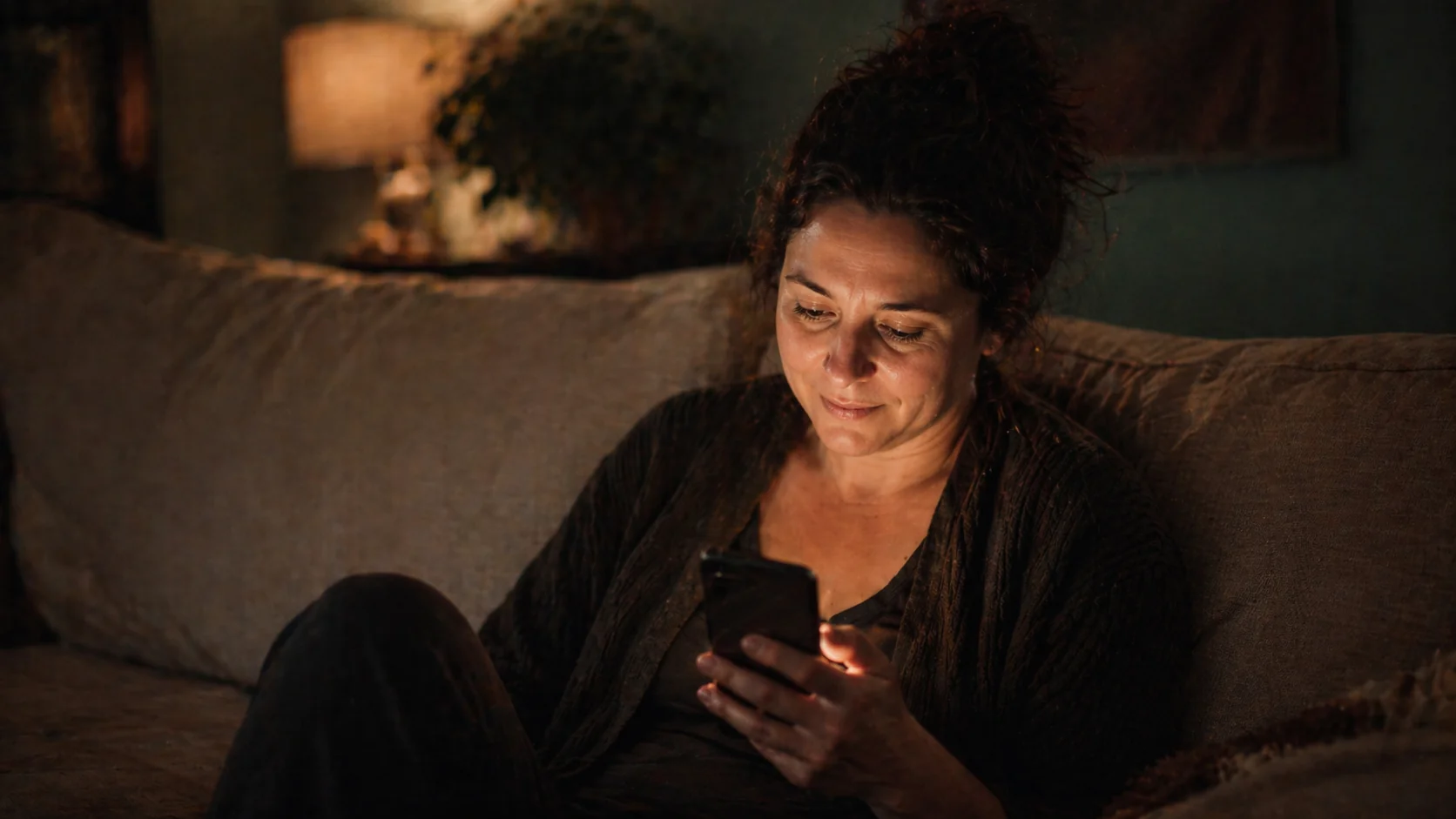Woman on couch reading phone at night